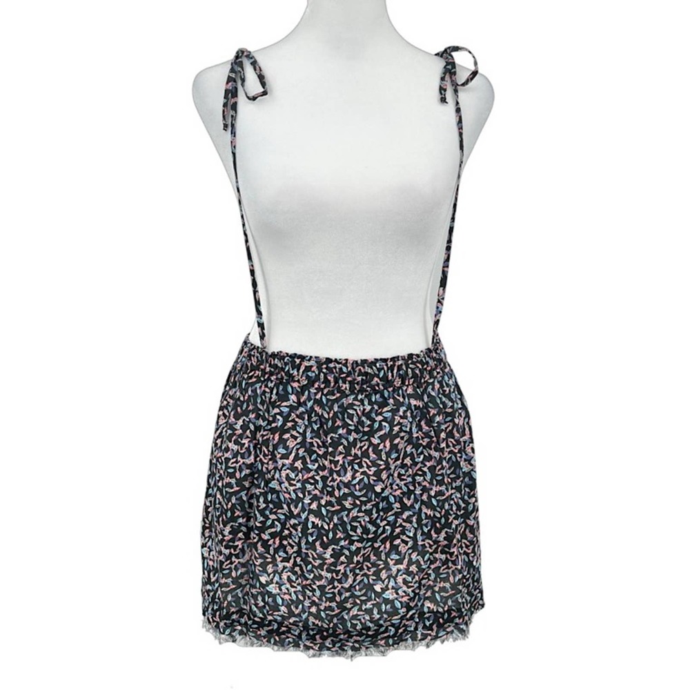 NWT- ELAN Folk Boho Mini Skirt Gray Leaf Print Frayed Hem Shoulder Tie - Small